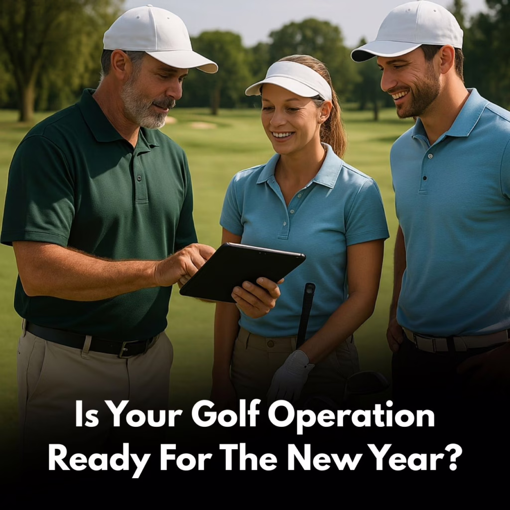 three people standing on a golf course. One person is holding a tablet and using software to provide service.